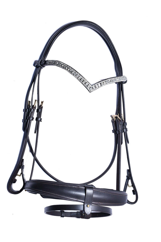 Bridleberry Padded Leather Bridle w/“V” Crystal Browband, Rubber Lined Full Grain English Leather Reins