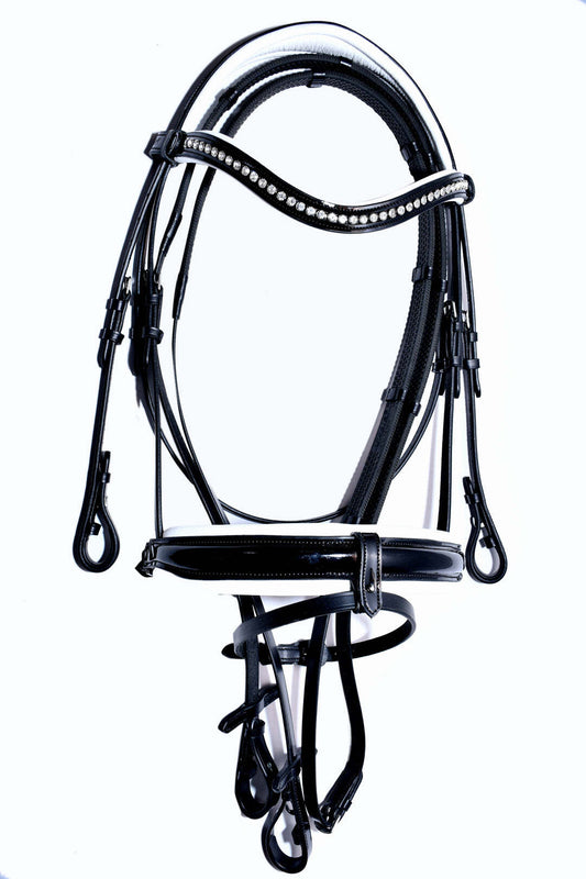 Bridleberry Extra Padded Snaffle Bridle Patent Leather Noseband & Crystal Broadband w/English Leather Reins