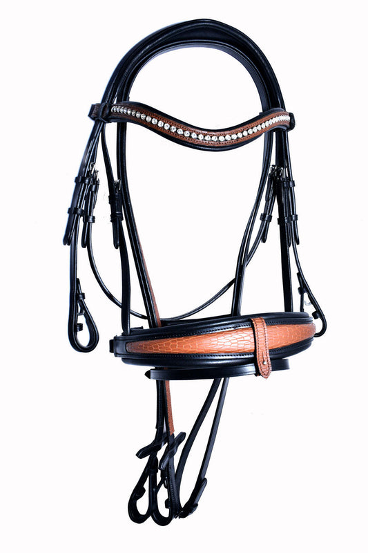 Bridleberry Extra Padded Full Grain Leather Two Toned Textured Bridle w/English Leather Reins