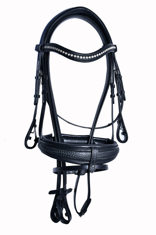 Bridleberry Extra Padded Full Grain Leather Snaffle Bridle w/Textured Leather Noseband & English Leather Reins