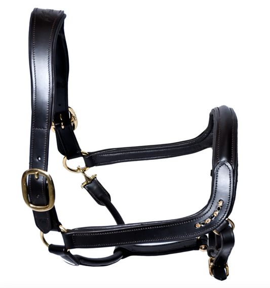 Bridleberry Brown Leather Show Halter w/Row of Gems at the Curve of the Nose Band, Designed for a Clip